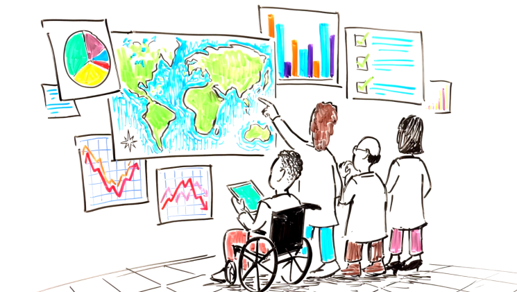 Group of people studying a map of the world and data charts on a wall
