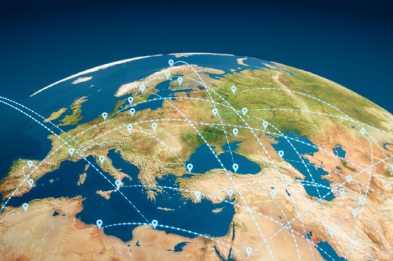 View of the world from space with points of connection across the globe